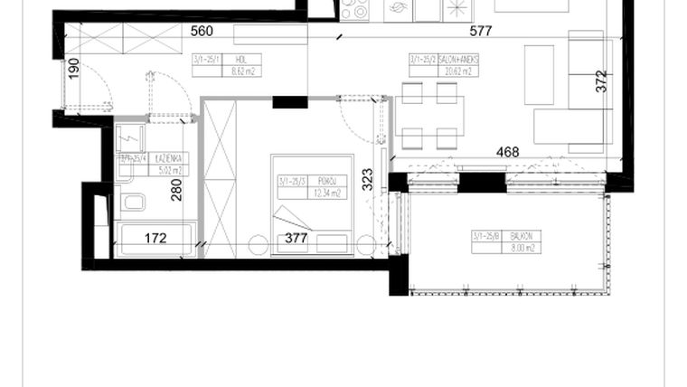 Rzut - Mieszkanie na sprzedaż 2 pokoje o powierzchni 46,6 m² - numer 1.25 w Ogrody Wiślane etap VI