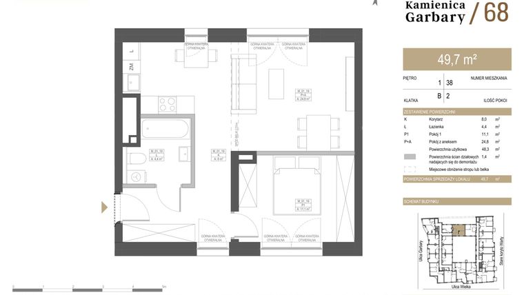 Rzut - Mieszkanie na sprzedaż 2 pokoje o powierzchni 49,7 m² - numer 38 w Garbary 68