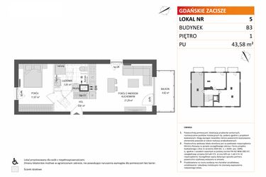 Rzut - Mieszkanie na sprzedaż 2 pokoje o powierzchni 43,58 m² - numer B3.5 w Gdańskie Zacisze