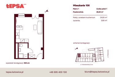 Rzut - Mieszkanie na sprzedaż 1 pokój o powierzchni 28,4 m² - numer M106 w Tepsa Kato