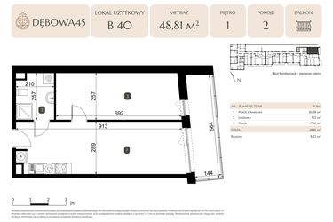 Rzut - Lokal użytkowy na sprzedaż 2 pokoje o powierzchni 48,81 m² - numer B.40 - LU7 w Dębowa 45