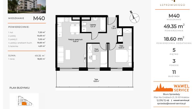 Rzut - Mieszkanie na sprzedaż 3 pokoje o powierzchni 49,35 m² - numer M40 w Łepkowskiego 11