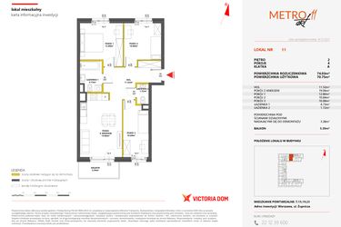 Rzut - Mieszkanie na sprzedaż 4 pokoje o powierzchni 74,04 m² - numer 11 w Metro Art 11