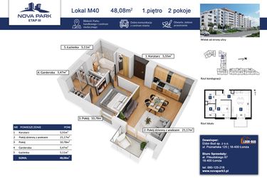 Rzut - Mieszkanie na sprzedaż 2 pokoje o powierzchni 48,08 m² - numer 40 w Nova Park etap III