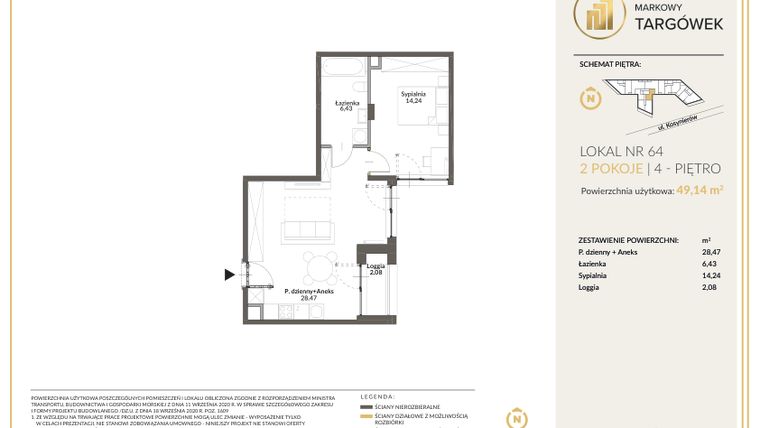 Rzut - Mieszkanie na sprzedaż 2 pokoje o powierzchni 49,24 m² - numer 64 w Markowy Targówek