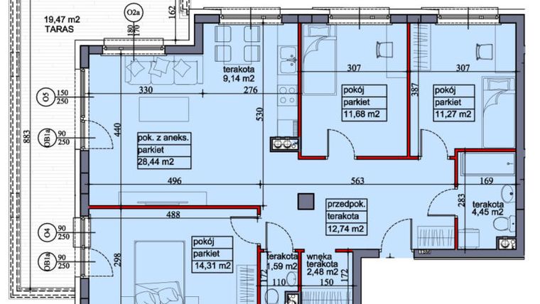 Rzut - Mieszkanie na sprzedaż 4 pokoje o powierzchni 86,96 m² - numer 36 w Apartamenty Kolberga