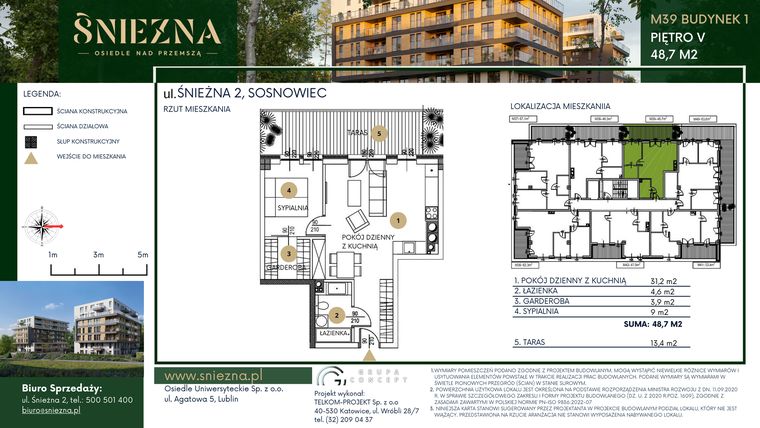 Rzut - Mieszkanie na sprzedaż 2 pokoje o powierzchni 48,7 m² - numer A39 w Śnieżna - Osiedle nad Przemszą