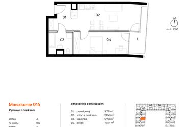Rzut - Mieszkanie na sprzedaż 2 pokoje o powierzchni 47,82 m² - numer A014 w Miasto Polskich Mistrzów Olimpijskich