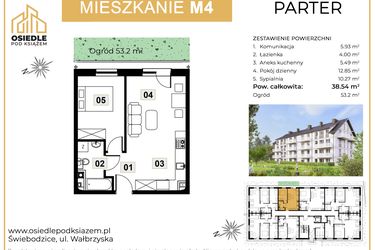 Rzut - Mieszkanie na sprzedaż 2 pokoje o powierzchni 38,54 m² - numer M04 w Osiedle Pod Książem