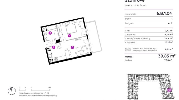 Rzut - Mieszkanie na sprzedaż 2 pokoje o powierzchni 39,85 m² - numer 6.B.1.04 w Murapol Osiedle Szafirove