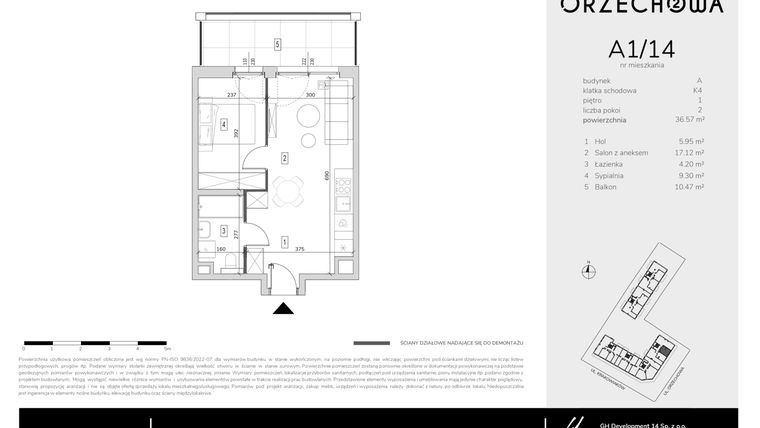 Rzut - Mieszkanie na sprzedaż 2 pokoje o powierzchni 36,57 m² - numer A1-14 w Orzechowa 2