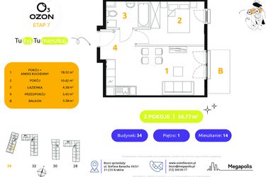 Rzut - Mieszkanie na sprzedaż 2 pokoje o powierzchni 36,77 m² - numer 34.14 w Osiedle Ozon etap VII