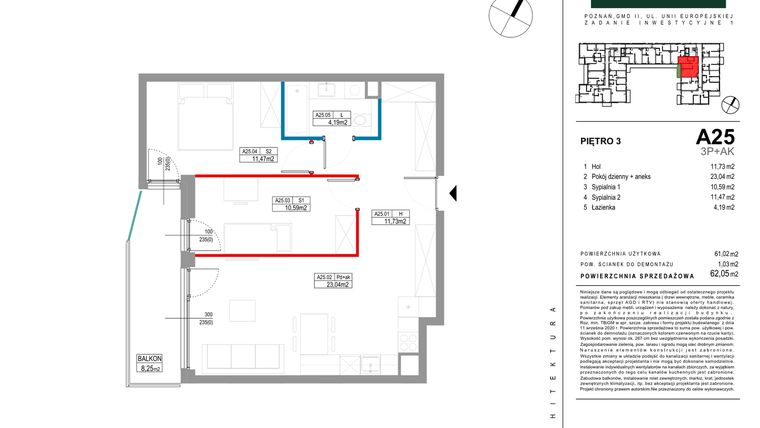 Rzut - Mieszkanie na sprzedaż 3 pokoje o powierzchni 62,05 m² - numer A025 w Grunwald Między Drzewami etap II