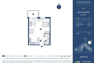 Rzut - Mieszkanie na sprzedaż 1 pokój o powierzchni 40,49 m² - numer I.A.3.11 w GEDANIA Riverside Living