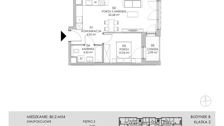 Rzut - Mieszkanie na sprzedaż 2 pokoje o powierzchni 41,3 m² - numer BII.2.M54 w Przewóz 42 ATAL II