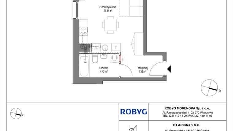 Rzut - Mieszkanie na sprzedaż 1 pokój o powierzchni 30,13 m² - numer A.1M04 w Leszczyńskich 2