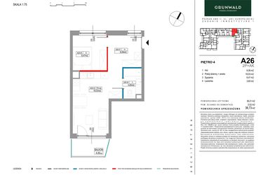 Rzut - Mieszkanie na sprzedaż 2 pokoje o powierzchni 38,73 m² - numer A026 w Grunwald Między Drzewami etap II