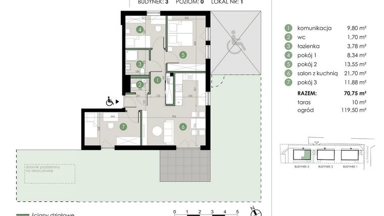 Rzut - Mieszkanie na sprzedaż 4 pokoje o powierzchni 70,75 m² - numer 3.1. w Osiedle Kwiatowa