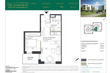 Rzut - Mieszkanie na sprzedaż 2 pokoje o powierzchni 36,72 m² - numer 1.M8 w Sosnovia