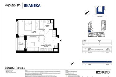 Rzut - Mieszkanie na sprzedaż 2 pokoje o powierzchni 36,92 m² - numer 1BB0102 w Awangarda Mogilska