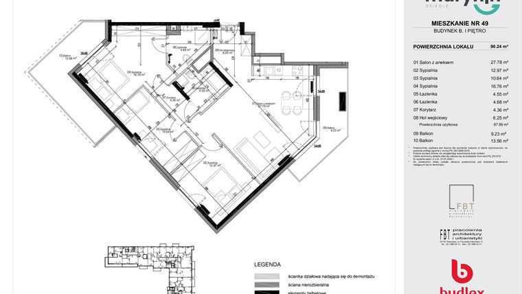 Rzut - Mieszkanie na sprzedaż 4 pokoje o powierzchni 90,24 m² - numer B.49 w Osiedle Marynin