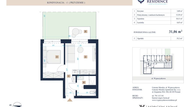 Rzut - Mieszkanie na sprzedaż 2 pokoje o powierzchni 31,06 m² - numer 6 w Wypoczynkowa Residence - apartamenty inwestycyjne