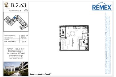 Rzut - Mieszkanie na sprzedaż 1 pokój o powierzchni 35,8 m² - numer B.2.63 w Osiedle BALTICA