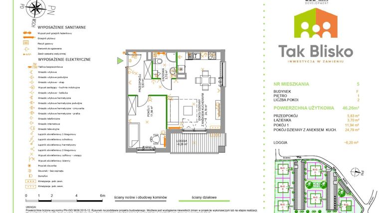 Rzut - Mieszkanie na sprzedaż 2 pokoje o powierzchni 46,26 m² - numer 5.F w Tak Blisko