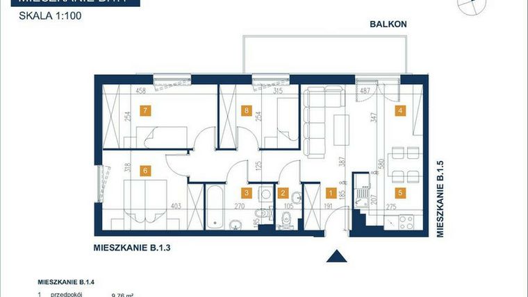 Rzut - Mieszkanie na sprzedaż 4 pokoje o powierzchni 69,65 m² - numer B.1.4 w EcoVista