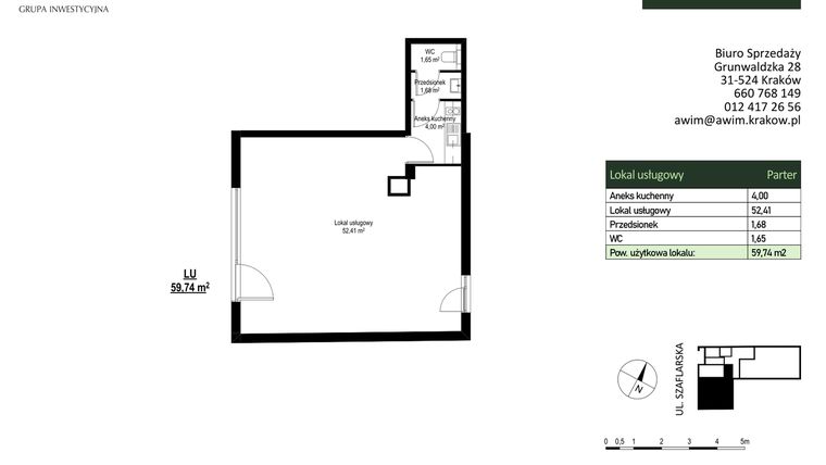 Rzut - Lokal użytkowy na sprzedaż 1 pokój o powierzchni 59,74 m² - numer LU1 w Szaflarska 9