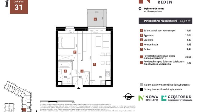 Rzut - Mieszkanie na sprzedaż 2 pokoje o powierzchni 40,02 m² - numer A31 w Nowy Reden