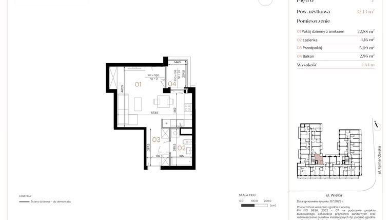 Rzut - Mieszkanie na sprzedaż 1 pokój o powierzchni 32,13 m² - numer A/3/01 w Wielka 16
