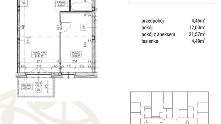 Rzut - Mieszkanie na sprzedaż 2 pokoje o powierzchni 42,52 m² - numer A3.02.15 w Zakątek Flora