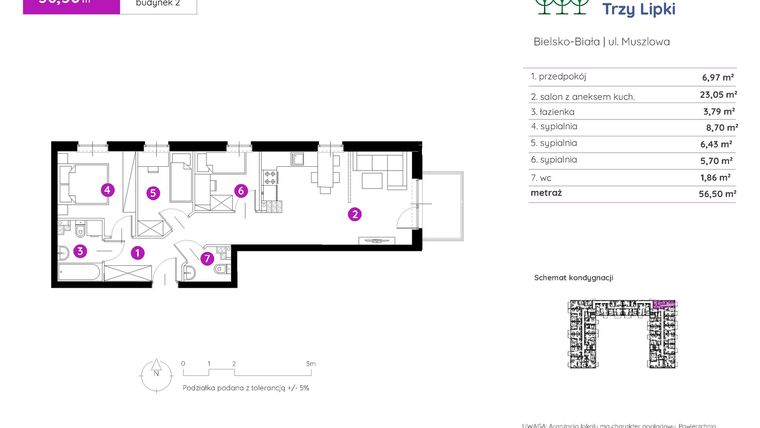 Rzut - Mieszkanie na sprzedaż 4 pokoje o powierzchni 57 m² - numer 2.B.2.01 w Murapol Trzy Lipki etap II