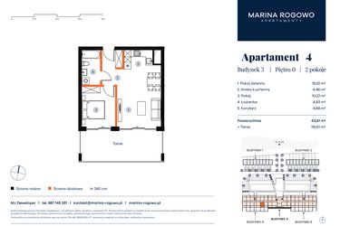 Rzut - Mieszkanie na sprzedaż 2 pokoje o powierzchni 43,61 m² - numer 4 w Apartamenty Marina Rogowo