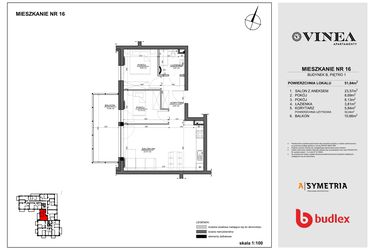 Rzut - Mieszkanie na sprzedaż 3 pokoje o powierzchni 51,84 m² - numer 16 w Apartamenty Vinea
