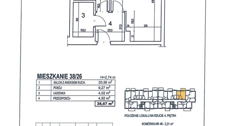 Rzut - Mieszkanie na sprzedaż 2 pokoje o powierzchni 38,67 m² - numer 38/26 w Osiedle Jodłowa bud. D