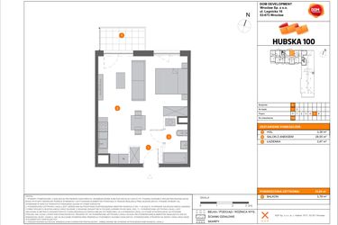 Rzut - Mieszkanie na sprzedaż 1 pokój o powierzchni 35,8 m² - numer B.115 w Hubska 100