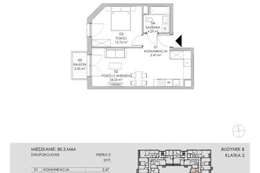 Rzut - Mieszkanie na sprzedaż 2 pokoje o powierzchni 43,76 m² - numer BII.3.M64 w Przewóz 42 ATAL II
