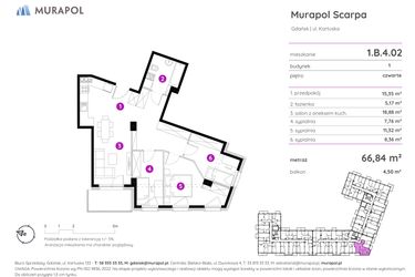 Rzut - Mieszkanie na sprzedaż 4 pokoje o powierzchni 66,84 m² - numer 1.B.4.02 w Murapol Scarpa