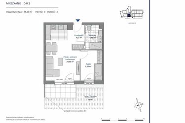 Rzut - Mieszkanie na sprzedaż 2 pokoje o powierzchni 44,33 m² - numer D.0.1 w Nowa Dąbrowa bud. DE