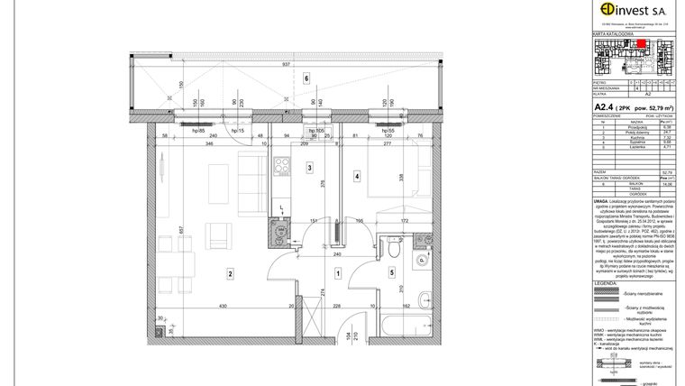 Rzut - Mieszkanie na sprzedaż 2 pokoje o powierzchni 52,79 m² - numer A2.4 w Osiedle Orlik
