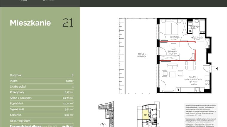 Rzut - Mieszkanie na sprzedaż 3 pokoje o powierzchni 54,61 m² - numer B21 w Stawowa Residence - etap V