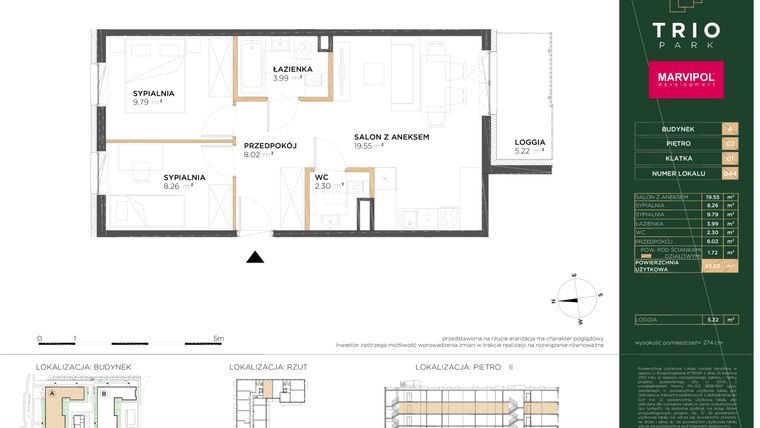 Rzut - Mieszkanie na sprzedaż 3 pokoje o powierzchni 53,63 m² - numer A044 w Trio Park