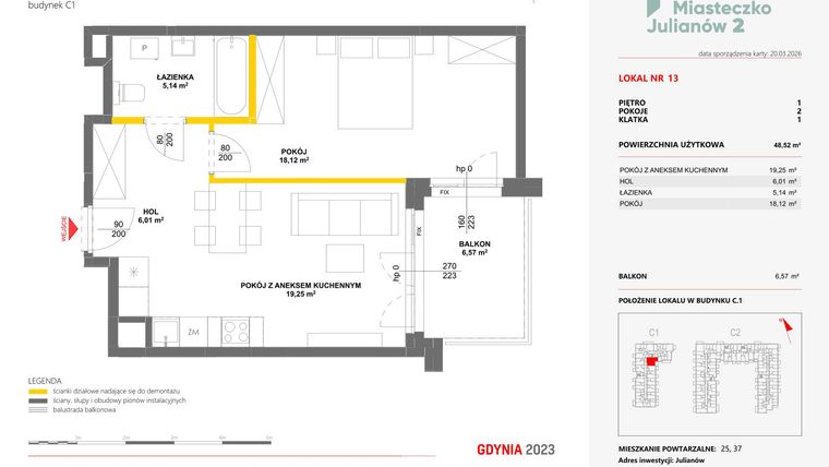 Rzut - Mieszkanie na sprzedaż 2 pokoje o powierzchni 48,52 m² - numer 13 w Miasteczko Julianów etap 2