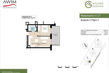 Rzut - Mieszkanie na sprzedaż 2 pokoje o powierzchni 35,05 m² - numer C27 w Wzgórze Gustawa