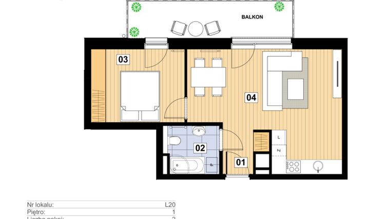 Rzut - Mieszkanie na sprzedaż 2 pokoje o powierzchni 43,04 m² - numer L-20 w Mickiewicza 21 Residence