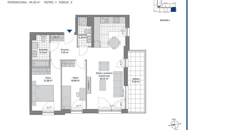 Rzut - Mieszkanie na sprzedaż 3 pokoje o powierzchni 69,2 m² - numer A.1.9 w Linea bud. A