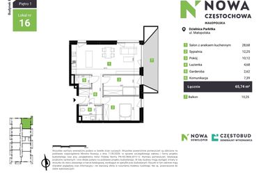 Rzut - Mieszkanie na sprzedaż 3 pokoje o powierzchni 65,74 m² - numer B16 w Nowa Częstochowa Małopolska