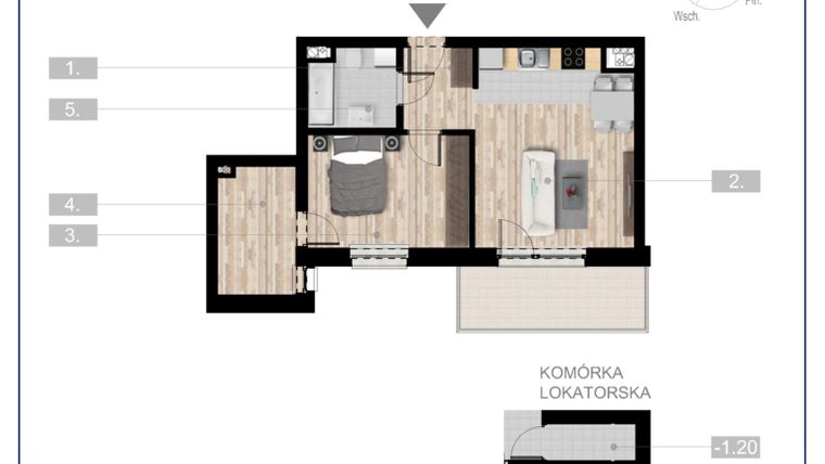 Rzut - Mieszkanie na sprzedaż 2 pokoje o powierzchni 47,06 m² - numer 55 w Szczytno Dąbrowskiego - etap 3